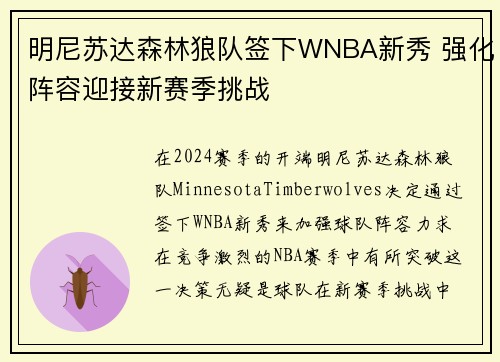 明尼苏达森林狼队签下WNBA新秀 强化阵容迎接新赛季挑战