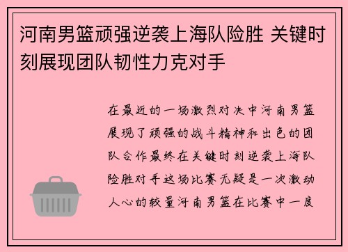河南男篮顽强逆袭上海队险胜 关键时刻展现团队韧性力克对手